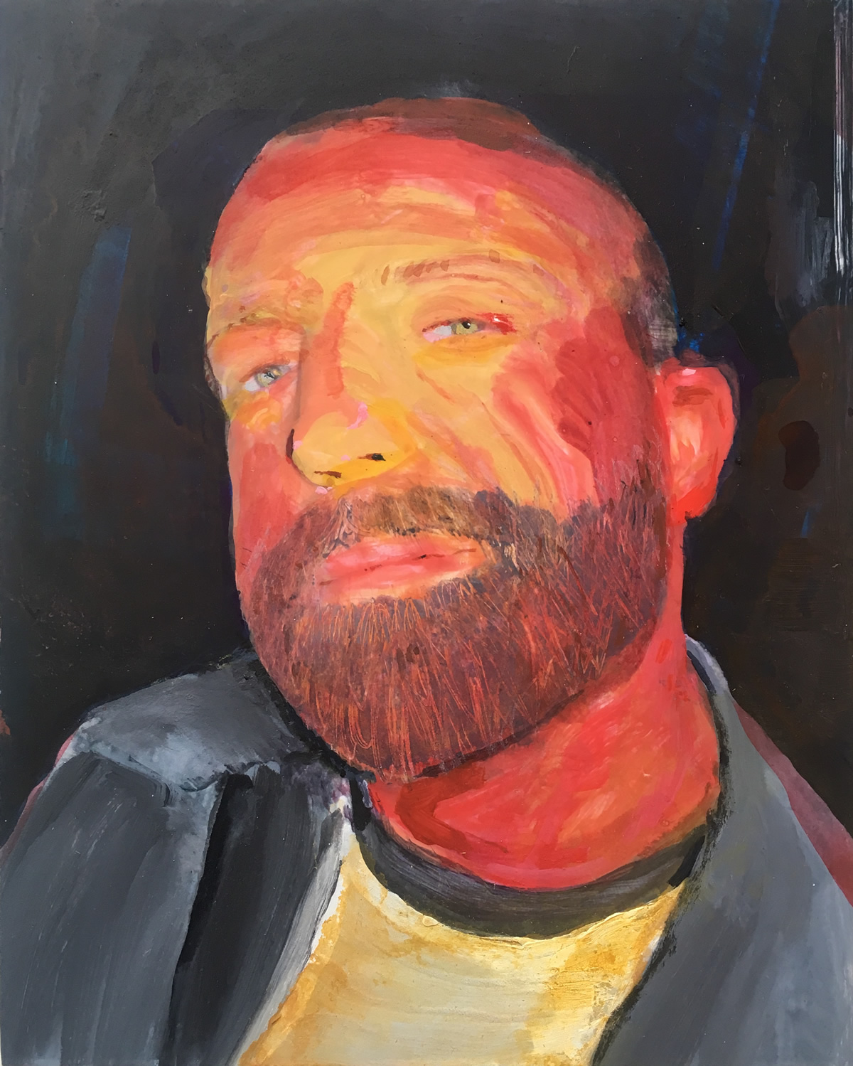 A portrait in progress of a bearded man